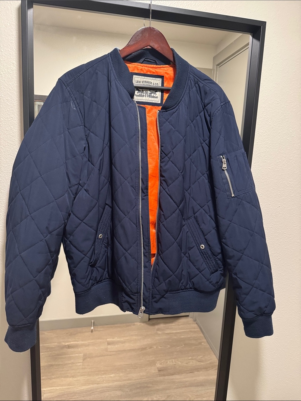 Levi's Navy Quilted Bomber Jacket with Orange Interior